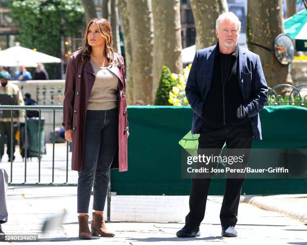 Mariska Hargitay and Aidan Quinn are seen at film set of the 'Law and Order: Special Victims Unit' TV Series on April 20, 2022 in New York City.