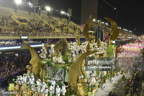 View from the first day of the samba schools parade, opening of the carioca carnival, the Cubanco samba school, in the Sambodromo da Sapucai, central...