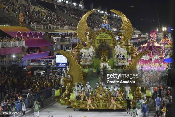 View from the first day of the samba schools parade, opening of the carioca carnival, the Cubanco samba school, in the Sambodromo da Sapucai, central...