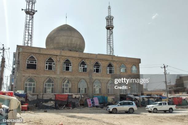 General view of the Shiite Seh Dokan Mosque is taken after a bomb blast that reportedly killed 14 people in Mazar-i-Sharif on April 21, 2022.