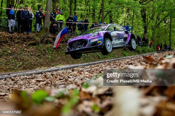 Gus Greensmith of Great Britain and Jonas Andersson of Sweden compete with their M-Sport Ford World Rally Team Ford Puma Rally1 during the shakedown...