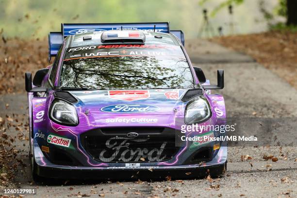 Pierre-Louis Loubet of France and Vincent Landais of France compete in their M-Sport Ford World Rally Team Ford Puma Rally1 during the shakedown on...