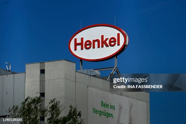 The logo of German consumer chemicals giant Henkel is seen at the company's plant in Duesseldorf, western Germany, on April 21, 2022. German consumer...