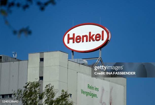 The logo of German consumer chemicals giant Henkel is seen at the company's plant in Duesseldorf, western Germany, on April 21, 2022. German consumer...