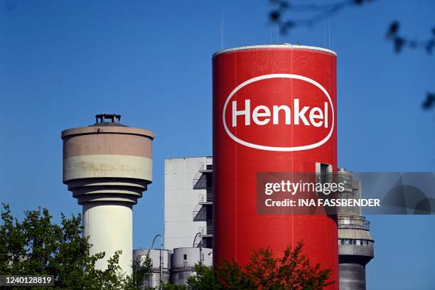 The logo of German consumer chemicals giant Henkel is seen at the company's plant in Duesseldorf, western Germany, on April 21, 2022. German consumer...