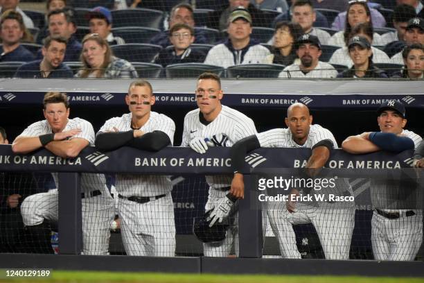 New York Yankees Aaron Judge looking on from the dugout during game vs Toronto Blue Jays at Yankee Stadium. Bronx NY 4/12/2022 CREDIT: Erick W. Rasco