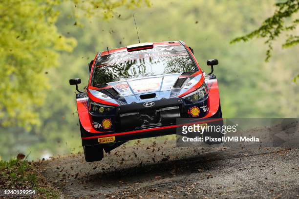 Oliver Solberg of Sweden and Elliott Edmondson of Great Britain compete with their Hyundai Shell Mobis World Rally Team Hyundai i20 N Rally 1 during...