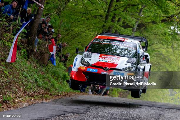 Kalle Rovanpera of Finland and Jonne Halttunen of Finland compete with their Toyota Gazoo Racing WRT NG Toyota GR Yaris Rally1 during the shakedown...