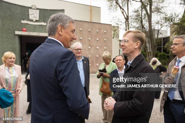 Flemish Minister President Jan Jambon and Estonian minister of culture Tiit Terik pictured during the official opening of the Belgian pavilion at the...