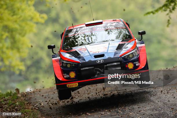 Oliver Solberg of Sweden and Elliott Edmondson of Great Britain compete with their Hyundai Shell Mobis World Rally Team Hyundai i20 N Rally 1 during...