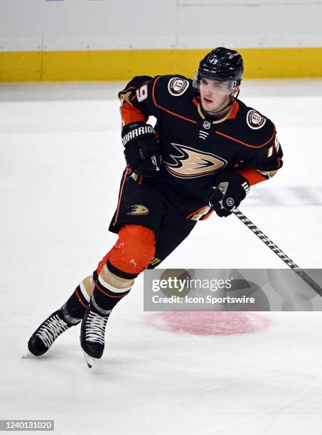 Anaheim Ducks right wing Troy Terry in action during the first period of an NHL hockey game against the Los Angeles Kings played on April 19, 2022 at...