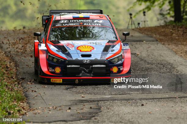 Oliver Solberg of Sweden and Elliott Edmondson of Great Britain compete with their Hyundai Shell Mobis World Rally Team Hyundai i20 N Rally 1 during...