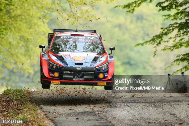 Oliver Solberg of Sweden and Elliott Edmondson of Great Britain compete with their Hyundai Shell Mobis World Rally Team Hyundai i20 N Rally 1 during...