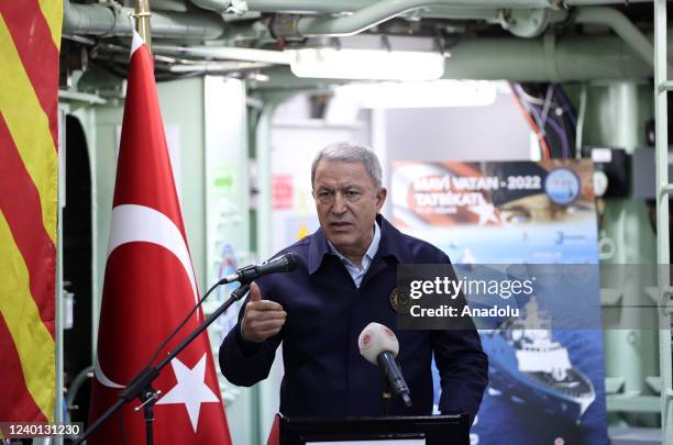 Turkish National Defense Minister Hulusi Akar makes a speech during the Distinguished Observer Day of Blue Homeland military exercise in Mugla,...