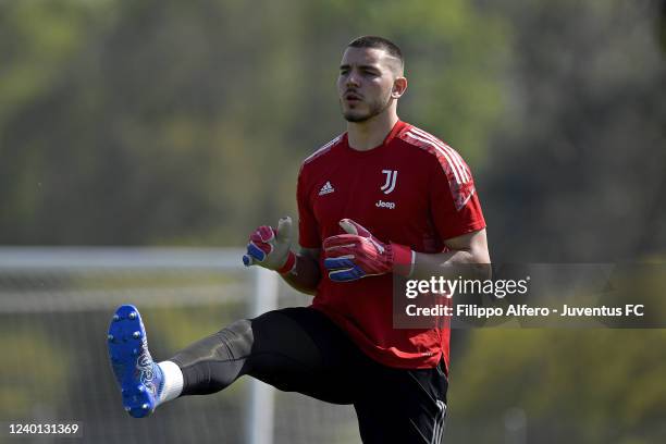 Zsombor Senko of Juventus warms up during the Juventus training session ahead of the UEFA Youth League 2021/22 Finals at Centre Sportif de Colovray...