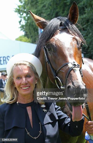 Racehorse owner Carole, Lady Bamford with Feel Like Dancing after winning The Bahrain Trophy at Newmarket July Course, 11th July 2013.