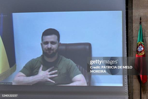 Ukrainian President Volodymyr Zelensky appears on screen to address the Portuguese Parliament by videoconference in Lisbon on April 21, 2021. - The...