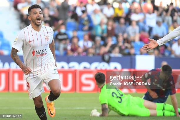 Sevilla's Mexican forward Jesus Manuel Corona aka Tecatito celebrates scoring his team's second goal during the Spanish League football match between...