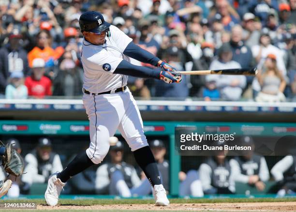 Miguel Cabrera of the Detroit Tigers strikes out during the fourth inning of a game against the New York Yankees at Comerica Park on April 21 in...