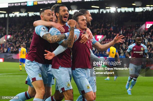 Burnley's Connor Roberts celebrates scoring the opening goal with teammates during the Premier League match between Burnley and Southampton at Turf...