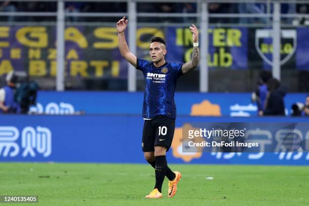 Lautaro Martinez of FC Internazionale celebrates after scoring his team's second goal during the Coppa Italia Semi Final 2nd Leg match between FC...
