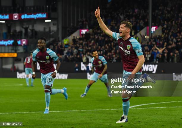 Burnley's Nathan Collins celebrates scoring his side's second goal during the Premier League match between Burnley and Southampton at Turf Moor on...