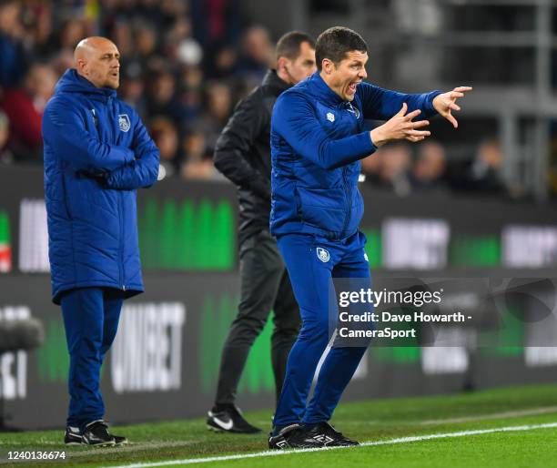 Burnley caretaker manager Mike Jackson shouts instructions to his team from the technical area during the Premier League match between Burnley and...