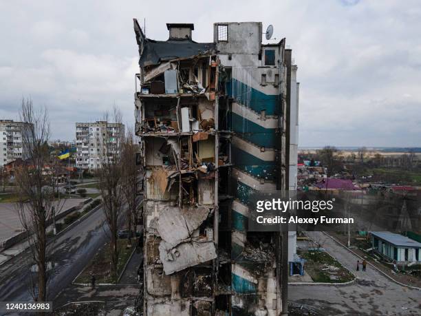 In this aerial view, the inside of destroyed apartments are seen from the outside on April 21, 2022 in Borodianka, Ukraine.