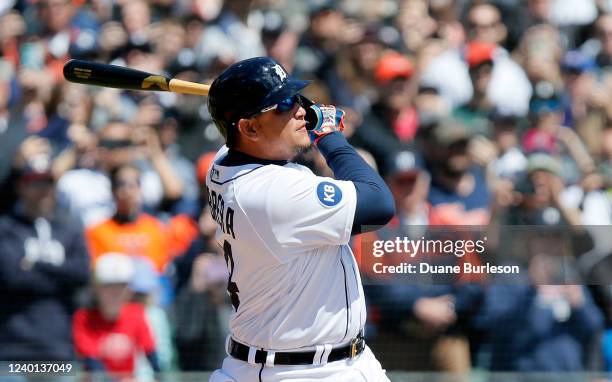 Miguel Cabrera of the Detroit Tigers flies out against the New York Yankees during the first inning at Comerica Park on April 21 in Detroit, Michigan.