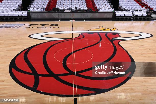 Detail shot of the court before the game between the Atlanta Hawks and the Miami Heat during Round 1 Game 2 of the 2022 NBA Playoffs on April 19,...