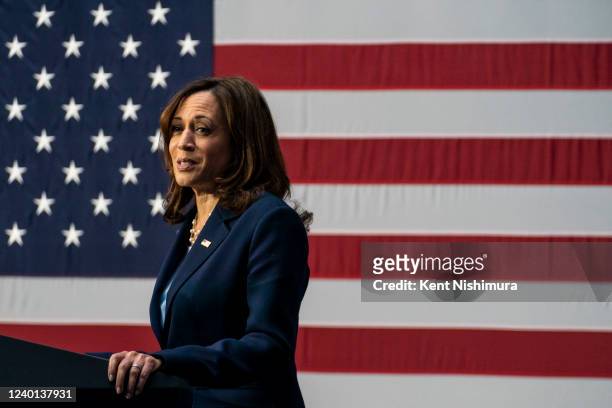 Vice President Kamala Harris delivers remarks following a visit with expecting families and caregivers at UCSF Mission Bay on April 21, 2022 in San...