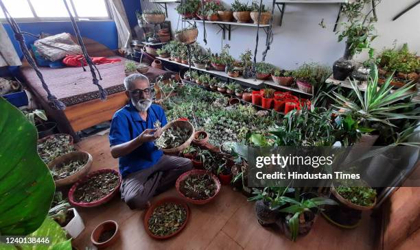 On the occasion of "World Earth Day", 62-year-old biomedical engineer Vijay Kumar Katti with collection of rare plants at his home at Balkum-Saket...