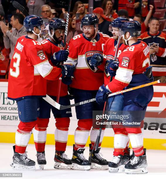 Aleksander Barkov of the Florida Panthers celebrates his goal with teammates during the first period against the Detroit Red Wings at the FLA Live...