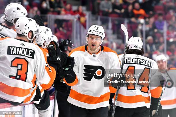 James van Riemsdyk of the Philadelphia Flyers celebrates with the bench after scoring a goal against the Montreal Canadiens in the NHL game at the...
