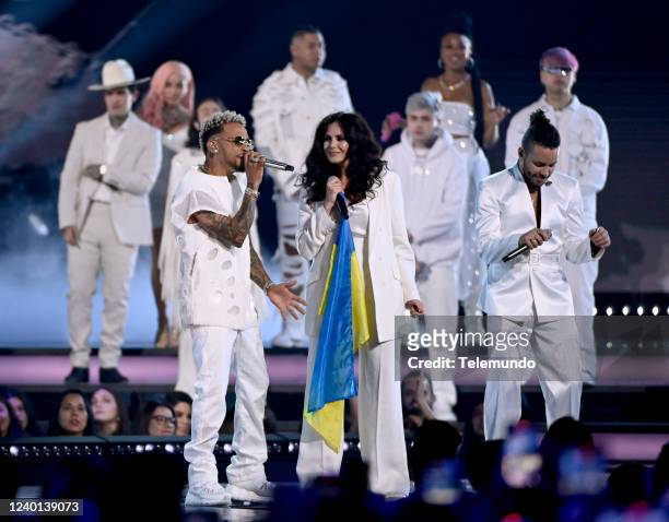 Show -- Pictured: Ozuna, Nastya Kamenskikh aka NK and Prince Royce perform on stage during the 2022 Latin American Music Awards at the Michelob ULTRA...