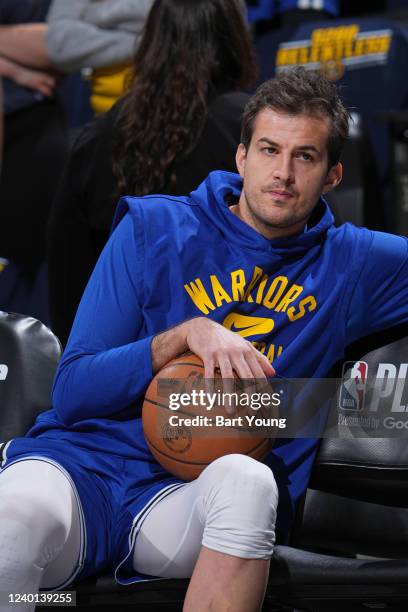 Nemanja Bjelica of the Golden State Warriors looks on before the game against the Denver Nuggets during Round 1 Game 3 of the 2022 NBA Playoffs on...