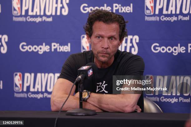 Head Coach Quin Snyder of the Utah Jazz talks to the media prior to the game against the Dallas Mavericks during Round 1 Game 3 of the NBA Playoffs...