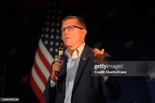 Michael Flynn, former U.S. National Security advisor to former President Trump, speaks at a campaign event for U.S. Senate candidate Josh Mandel on...