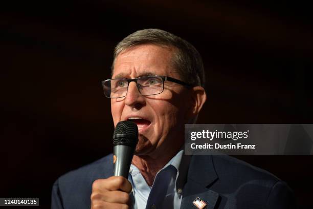 Michael Flynn, former U.S. National Security advisor to former President Trump, speaks at a campaign event for U.S. Senate candidate Josh Mandel on...