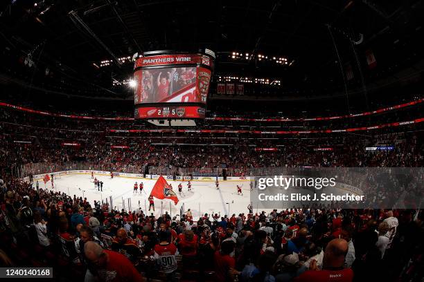The Florida Panthers celebrate their 5-2 win over the Detroit Red Wings at the FLA Live Arena on April 21, 2022 in Sunrise, Florida.
