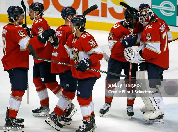 The Florida Panthers celebrate their 5-2 win over the Detroit Red Wings at the FLA Live Arena on April 21, 2022 in Sunrise, Florida.