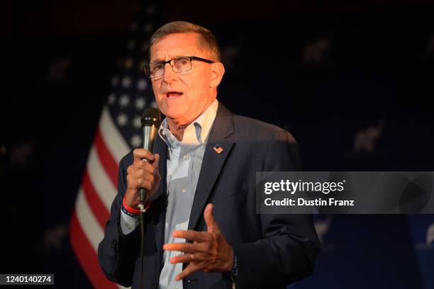 Michael Flynn, former U.S. National Security advisor to former President Trump, speaks at a campaign event for U.S. Senate candidate Josh Mandel on...