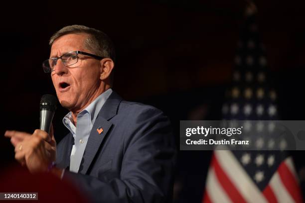 Michael Flynn, former U.S. National Security advisor to former President Trump, speaks at a campaign event for U.S. Senate candidate Josh Mandel on...