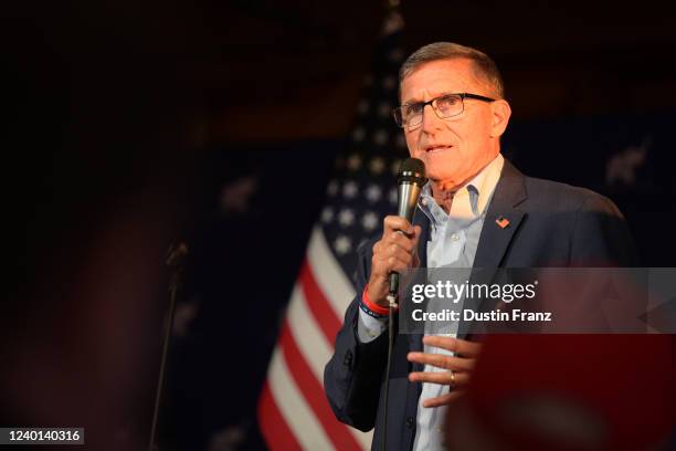 Michael Flynn, former U.S. National Security advisor to former President Trump, speaks at a campaign event for U.S. Senate candidate Josh Mandel on...