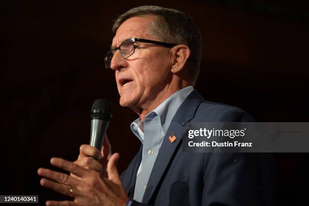 Michael Flynn, former U.S. National Security advisor to former President Trump, speaks at a campaign event for U.S. Senate candidate Josh Mandel on...