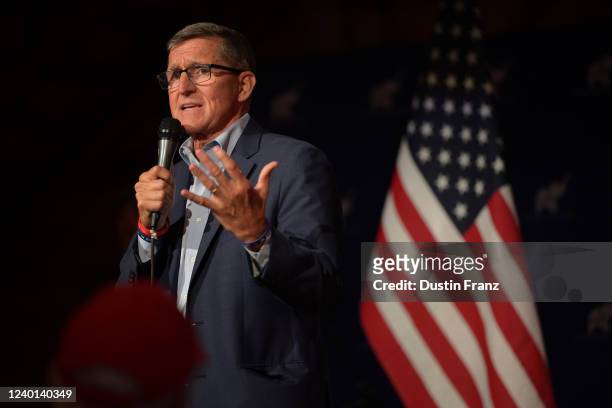 Michael Flynn, former U.S. National Security advisor to former President Trump, speaks at a campaign event for U.S. Senate candidate Josh Mandel on...