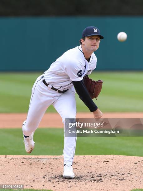 Casey Mize of the Detroit Tigers throws a warm-up pitch during the game against the Chicago White Sox at Comerica Park on April 9, 2022 in Detroit,...