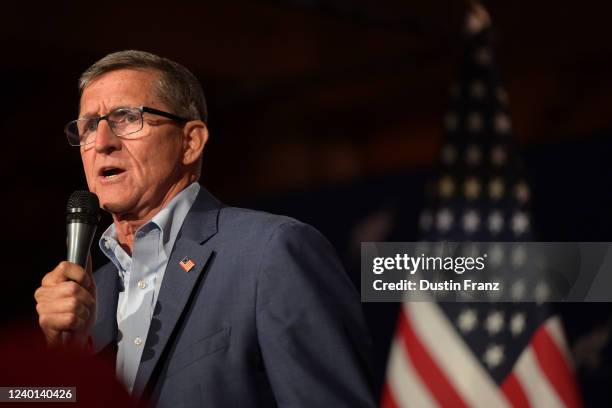 Michael Flynn, former U.S. National Security advisor to former President Trump, speaks at a campaign event for U.S. Senate candidate Josh Mandel on...