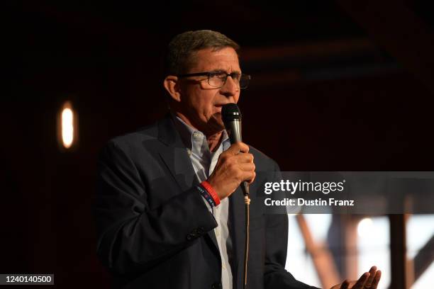 Michael Flynn, former U.S. National Security advisor to former President Trump, speaks at a campaign event for U.S. Senate candidate Josh Mandel on...