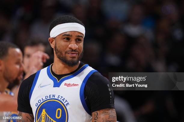 Gary Payton II of the Golden State Warriors looks on during the game against the Denver Nuggets during Round 1 Game 3 of the 2022 NBA Playoffs on...